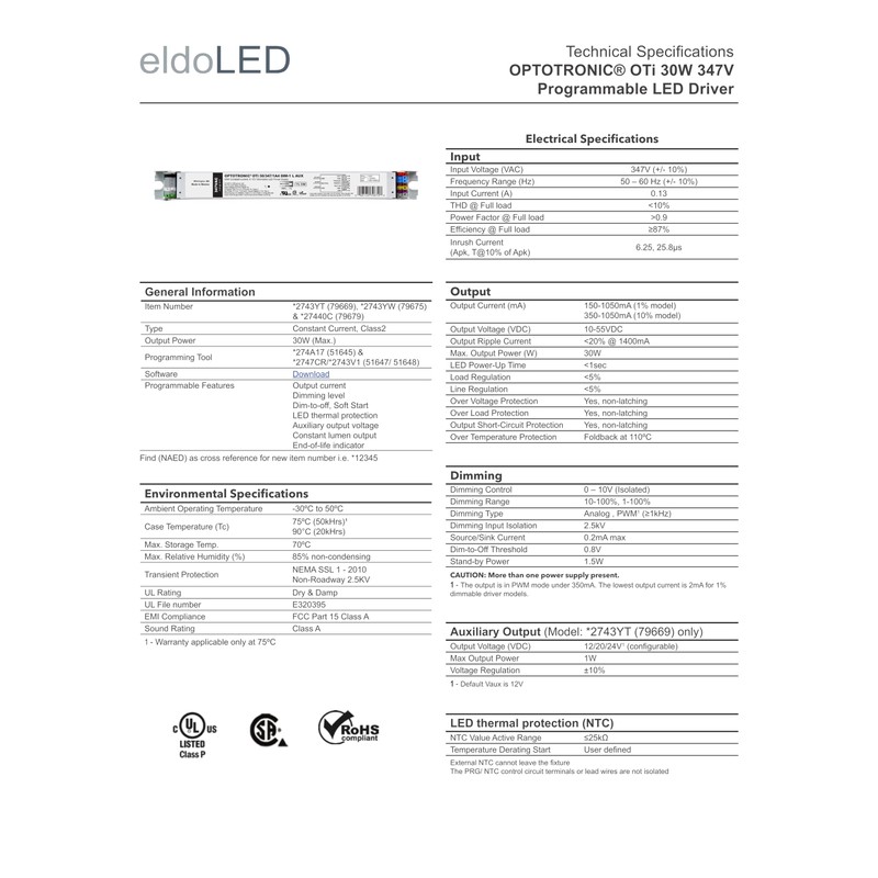 eldoLED | 2743YW OPTOTRONIC OTi 30W 347V Programmable LED Driver