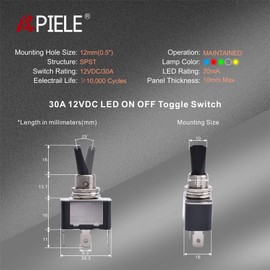 APIELE 30A Heavy Duty Toggle Rocker Switch ON Off 12V DC with LED Light Car Truck Auto Refit 12mm 0.5 Inch Mounting Hole (Red)