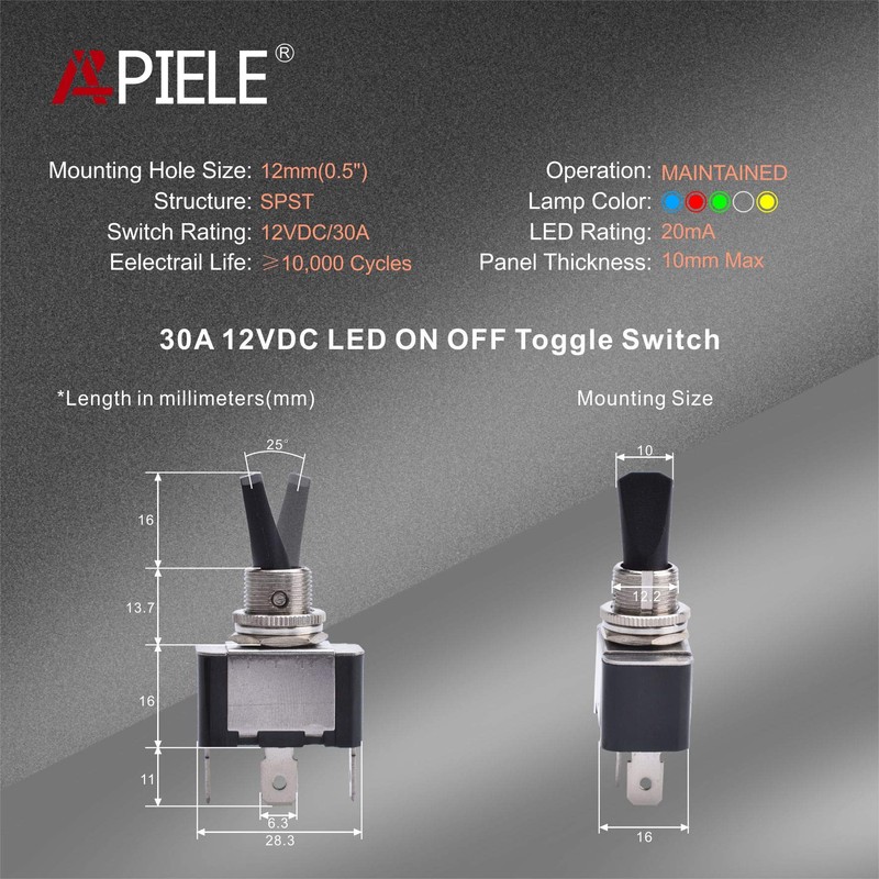 APIELE 30A Heavy Duty Toggle Rocker Switch ON Off 12V