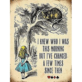 Alice in Wonderland "I knew who I was this Morning" Cheshire Cat Vintage Style Metal Wall Plaque Sign