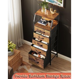 WLIVE Tall Night Stand with 5 Fabric Drawers, Bedroom Nightstand with 5 Drawers & 2 Open Shelves, Fabric Dresser Organizer, Sturdy Steel Frame Bedside Table, Rustic Brown Wood Grain Print