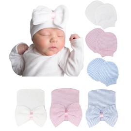 DRESHOW Newborn Baby Hat Mittens Hospital Hat Beanie Infant Hats with Bow Baby Gloves for 0-3 Months, 3 Sets G: Bow Hats & Mittens