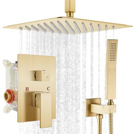 gotonovo Bathroom Rain Shower Combo Set Ceiling Mount with Handheld Spray High Pressure Luxury Shower Mixer Faucet with Rough-in Valve Shower Trim 2 Function 10 inch Shower Head Brushed Gold