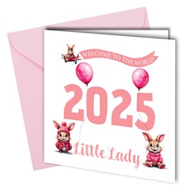2025 Welcome Baby Girl Greeting Card, Pink Bunny Design, Blank Inside, 350gsm #1819