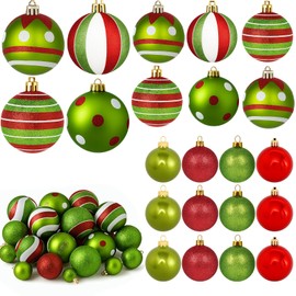 Hungdao 32 Pcs 3 Sizes Christmas Tree Decorations Set Christmas Ball Ornaments, Glittering Hanging Xmas Balls for Tree Decoration, Polka Dot Watermelon Candy Cane with 4 Styles for Home Indoor Party