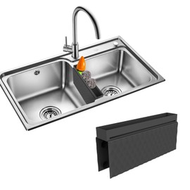 Silicone Sink Saddle With Suction Cups - Large Durable Kitchen Protector Mat for Divided Sinks, Holds Sponge and Steel Wool Balls (Black)