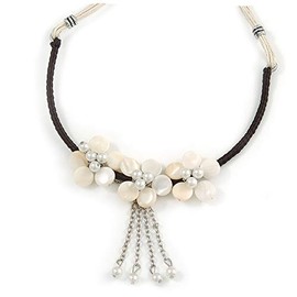 Avalaya White Shell Flower Metal Wire with Black/Off White Cotton Cord Necklace - 44cm L/ 5cm Ext