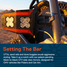 TRUE MODS UTV Side Rear View Mirrors Kit with [Amber Turn Signals] [Built-In LED Off-Road Light Pods] [1.5-2" Round Roll Bar Cage] for Polaris RZR General Ranger Can-Am Commander Defender Maverick X3