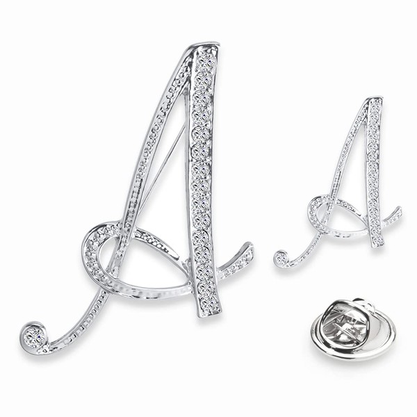 SINNKY A-Z Woman’s Letter Initial Brooch Pins, Silver Clear Crystal