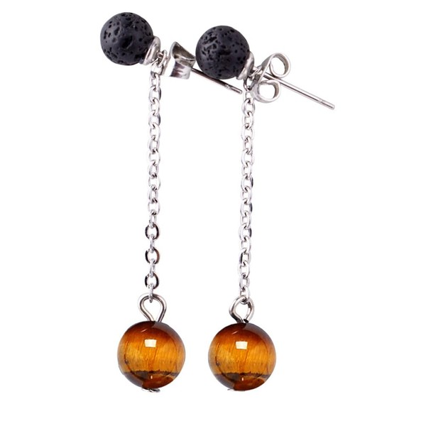 Tiger Eye Dangle Earrings Natural Stone Lava Rock Bead Long