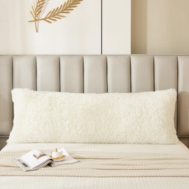 JAUXIO Faux Fur Fluffy Body Pillow Cover Luxury Shaggy Plush Decorative Solid Body Pillowcase, Ultra Soft and Cozy Zipper Closure 21 x 54 Inches, Cream