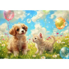 MISITU Jigsaw Puzzle Large Piece 100 Piece Puzzle Landscape Painting Cat Dog Pet Animal Cute Present Birthday Christmas Stylish Decor Kitten and Puppy (28.8 x 41 cm)
