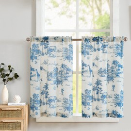 TOPICK Toile de Jouy Linen Panel Curtains, Opaque Bistro Curtain, Shabby Chic Country House Curtain, Privacy Window Curtain for Small Windows, Kitchen, Bathroom, Living Room, Set of 2, 65 W x 90 H