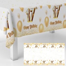 17th Birthday Tablecloth White & Gold 17 Years Birthday Party Photography Supplies Decor Men Women for Indoor Outdoor Party Supplies Rectangle Table Cover Picnic Decorations Glitter