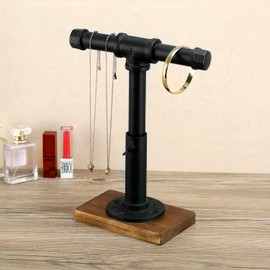 MyGift Industrial Pipe Black Metal T-Bar Jewelry Bracelet & Necklace Adjustable Height Display Stand with Brown Wood Base