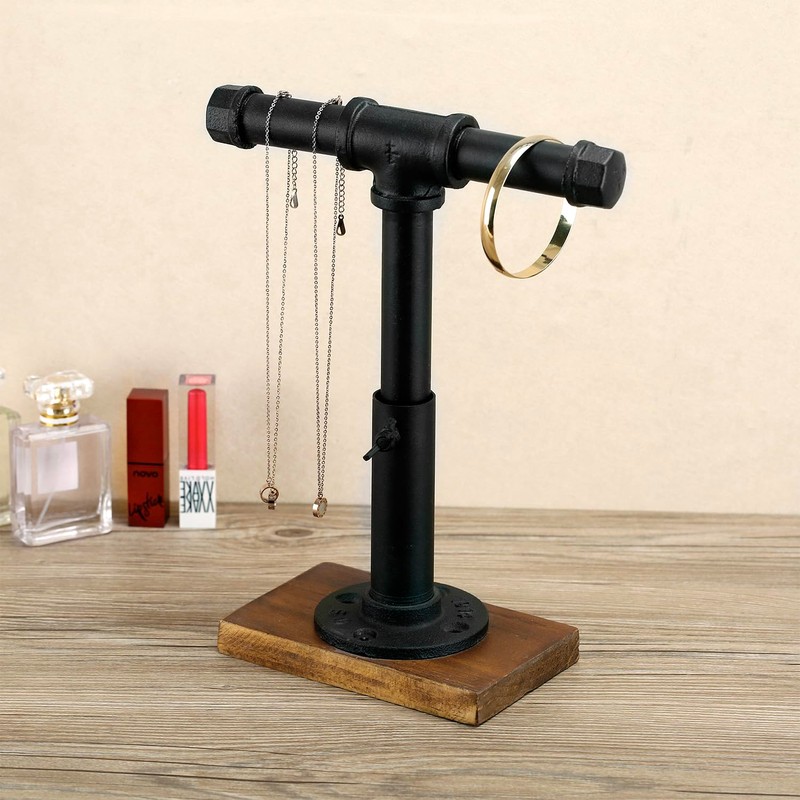 MyGift Industrial Pipe Black Metal T-Bar Jewelry Bracelet & Necklace