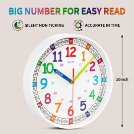 ITOOZYNN Silent Kids Wall Clock,Telling Time Teaching Clock for Kids, 10 Inch Non-Ticking Battery Operated Colorful Clock for Kids Room,Play Room,School Classroom. (White, 10 Inch)