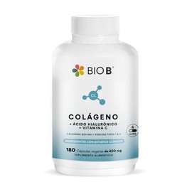 BIO B | Colágeno Hidrolizado Verisol® + Ácido Hialurónico + Vitamina C | 180 cápsulas | Fortalece uñas y cabello. Colágeno bovino y porcino tipo 1 y 3
