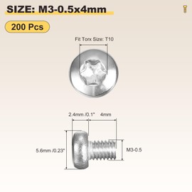 METALLIXITY Pan Head Torx Security Screws Bolts (M3-0.5x4mm) 200Pcs, Button Torx Head Machine Screws 304 Stainless Steel - for Furniture Woodworking Project, Silver Tone