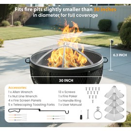 Baitedelai Fire Pit Spark Screen 30 Inch Round, Heavy Duty Stainless Steel Outdoor Fire Pit Screen Cover with Foldable Hook & Marshmallow Sticks, Mesh Spark Protector for Backyard, Camping, Beach