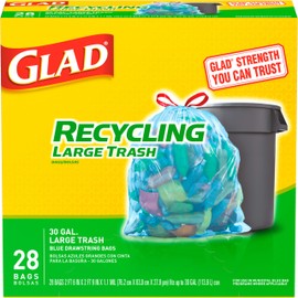 Glad Trash Bags, Large Drawstring Garbage Bags, 30 Gallon Blue Trash Bags for Large Kitchen Trash Can or Recycling, 28 Count - Packaging May Vary