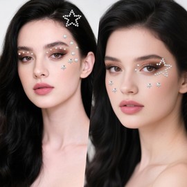 DOPENSPI 6Sheet Face Gems with Tweezer, Self Adhesive Face Makeup Gems 3D Star Heart Moon Shape Facial Gem Stickers with Tweezer Facial Jewels Body Gem for Faces Eye Makeup Body DIY Craft