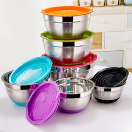 P&P CHEF Mixing Bowls With Lids, Set of 6, Stainless Steel Nesting Mixing Bowls & Fitting Lids & Non-Slip Silicone Bottom, Ideal for Mixing, Storing, Food Preparation,6 Sizes 0.7/1/1.5/2/2.6/4.6 Qt