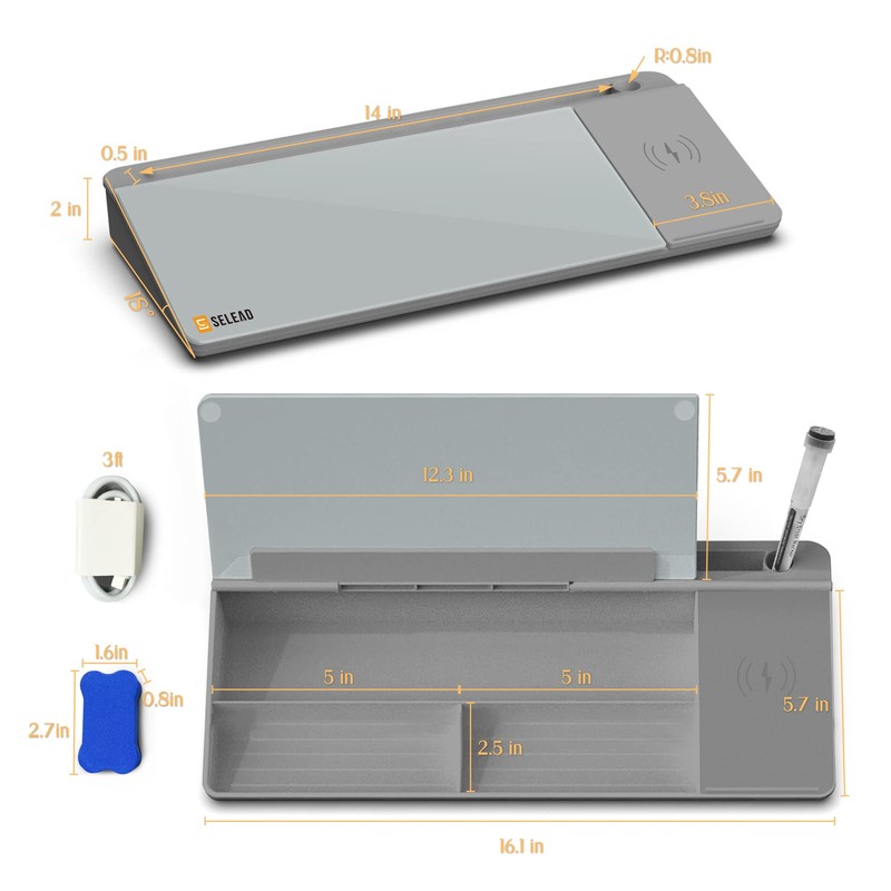 SELEAD Desktop Glass Whiteboard with Wireless Charger Station, Dry Erase