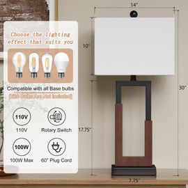 Maxax 30" Farmhouse Table Lamps Set of 2 for Living Room, Modern Black Bedside Lamps with USB & Type-C Port, 3-Way Dimmable Wood Bedroom Lamp with White Rectangular Lampshade for Nightstand