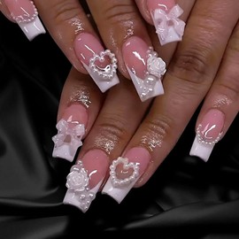 Press on Nails with Charms Medium Square French Tip Nails Cute Bow Fake Nails Glossy Full Cover Acrylic Nails Pearl Rose Flower False Nails Nude Pink Stick on Nails for Women Girls Nail Decor