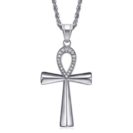 BOBIJOO JEWELRY - Pendentif Collier Croix Ankh de Vie Egyptienne Acier 316L Argenté Faux Diamants Chaîne