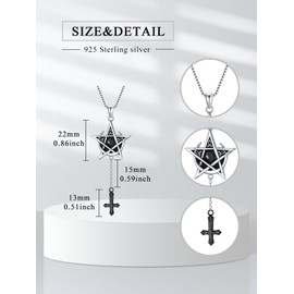 Flpruy Pentagram Necklace for Women 925 Sterling Silver Black Inverted Cross with Pentagram Pendant Upside Down Cross Necklace Wiccan Pentagram Jewelry for Women