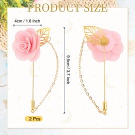 MECCANIXITY 2Pcs Flower Lapel Stick Brooch Pin with Gold Leaf Brooch Satin Tassel Chain Dangling Handmade Boutonnieres Pins for Suit Collar Wedding Party, Light Pink