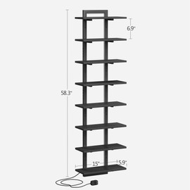 TRIFEBLE 8 Tier Wall Shelf Unit with LED Light, Black Floating Shelf, Vertical Display Shelf, Wall Decor for Bedroom, Living Room, Vanity, 15" W x 5.9" D x 58.3" H