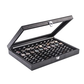 Pengup Ring Organizer for Jewelry,100 Slots Carbon Fiber Rings Display Case,Ring Storage Box Showcase with Glass Lid,Black