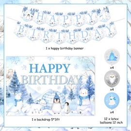 Funmemoir Winter Birthday Party Decorations - Arctic Polar Animal Birthday Backdrop, Happy Birthday Banner, Polar Animals Polar Bear Balloons for Boys Girls Winter Onederland 1st Birthday Decorations