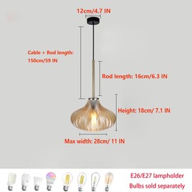 AULLAZFR Retro Vintage Amber Glass Pendant Lights Cage Shade with Gold Rod Farmhouse Pendant Hanging Lamp (B)