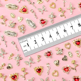 COOSLIM 80 pcs 3D Gold Nail Charms Virgin Mary Nail Charms San Judas Nail Charms with Crosses, Roses, Bows, and Red Heart Rhinestones Virgencita Nail Charms Y2K San Judas Nail Charms 4