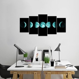 Conipit 5 pieces Blue Moon Phases Canvas Wall Art Abstract Space Black Pictures for Home Living Room Bedroom Office Decor Stretched and Framed Ready to Hang