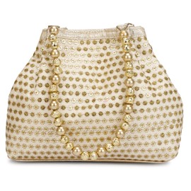 Indian Ethnic Designer Embroidered Silk Potli Bag Batwa Pearls Handle Purse, Golden-6, Medium