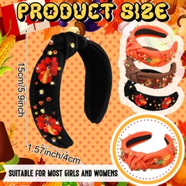 Hoteam 3 Pcs Thanksgiving Headband Fall Beaded Knotted Head Band with Turkey Pumpkin Rhinestone Jeweled Headband for Women Crystal Embellished Wide Top Knot Hairband for Autumn Hair Accessories Gifts