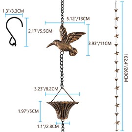 VICKEYWIN 8.5FT Hummingbird Cup Rain Chain, Decorative Metal Rain Catcher for Gutters, Outdoor Downspout Replacement, Handcrafted Iron Rain Chain for Garden Patio Yard (G2026-Copper)