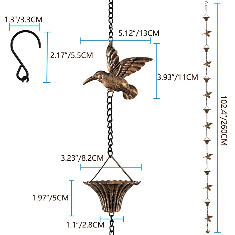 VICKEYWIN 8.5FT Hummingbird Cup Rain Chain, Decorative Metal Rain Catcher