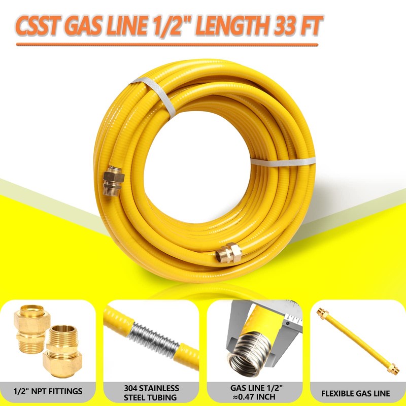 Grehitk 33ft 1/2'' Flexible Gas Line, CSST Corrugated Stainless Steel