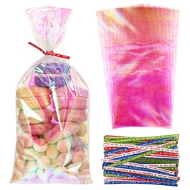 EupHHonycs 100Pcs Holographic Bags Iridescent Treat Bags 4 x 9.5 Inches Plastic Goodie Bags Cookie Goodie Bags with 100pcs Gold Twist Ties for Candies, Snacks, Small Gifts Weddings Birthday Christmas
