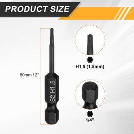 HARFINGTON 5pcs Flat Hex Head Drill Bit H1.5 (1.5mm) Magnetic Tip 1/4" Hex Shank 50mm (2") Long S2 Steel Metric Hexagonal Screw Driver Screwdriver Bits Wrench Socket, Black