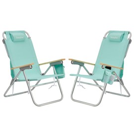 SUNNYFEEL High Back Folding Beach Chair, Tall Beach Chair with 3 Reclining Position, Portable Camping Chair for Adults with Wood Armrest, Lightweight Camping Chair 300 lbs Heavy Duty, Green, 2 Pack