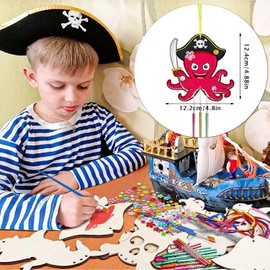 Graplan 49 Pieces Pirate Wind Chime Craft Set Children's Pirate Treasure Wind Chime Wooden Pirate Hat Craft Set Children's Birthday DIY Wind Chime Craft Wood for Children Girls Boys