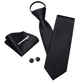YOHOWA Black Zipper Ties for Men Solid Pre-Tied Tie with Tie Clip Extra Long Adjustable Necktie Pocket Square Cufflinks Set