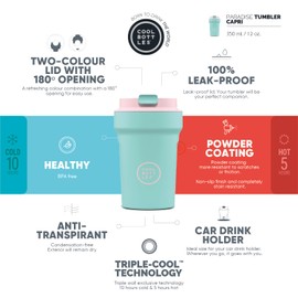 Cool Bottles - Paradise Tumbler - Thermobecher aus Edelstahl - 350 ml - Capri - Cyan und Rosa - Luftdichter Deckel - Kalte Getränke 10 Stunden und heiße Getränke 5 Stunden - Fleckabweisend